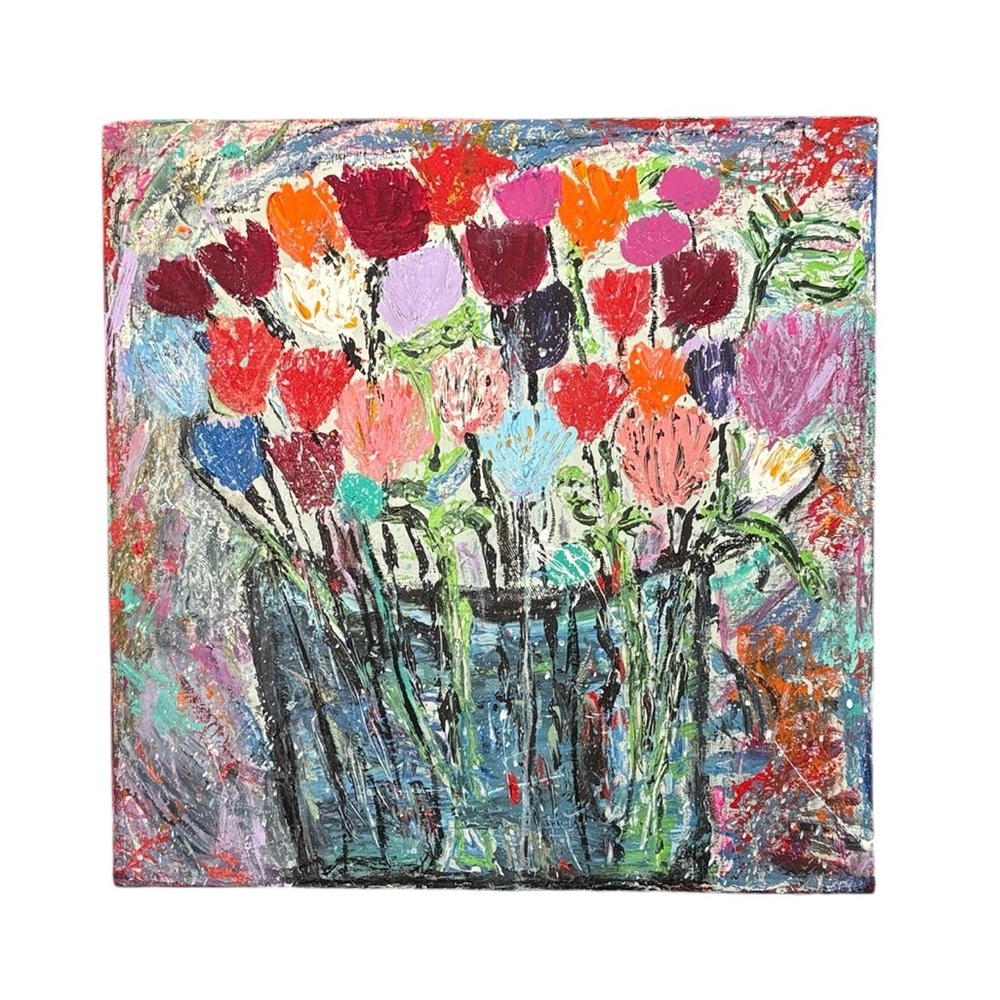 Original Abstract Acrylic Textured Floral Bouquet Painting - Wrapped Canvas 20”